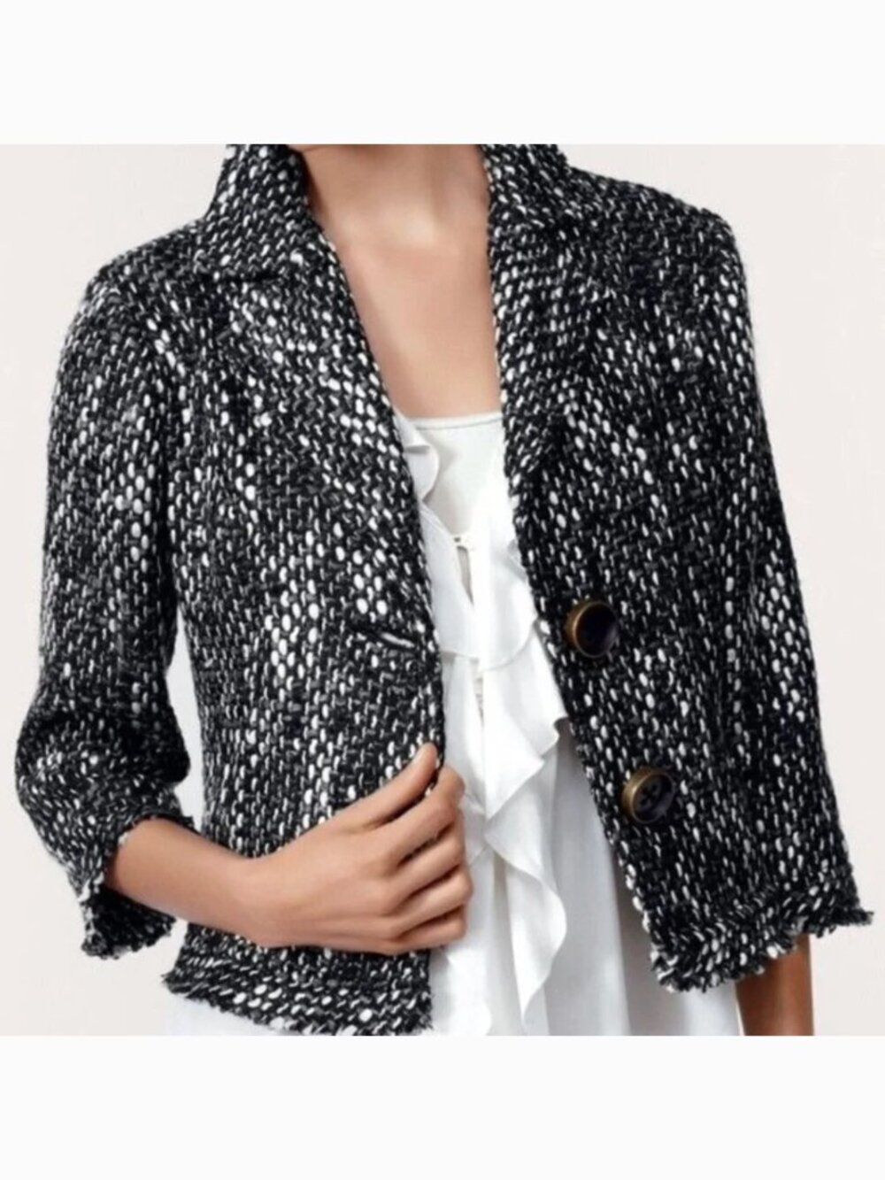 CABI Salt & Pepper Tweed Blazer style 686 Black White Gray Fringe Trim Jacket XS